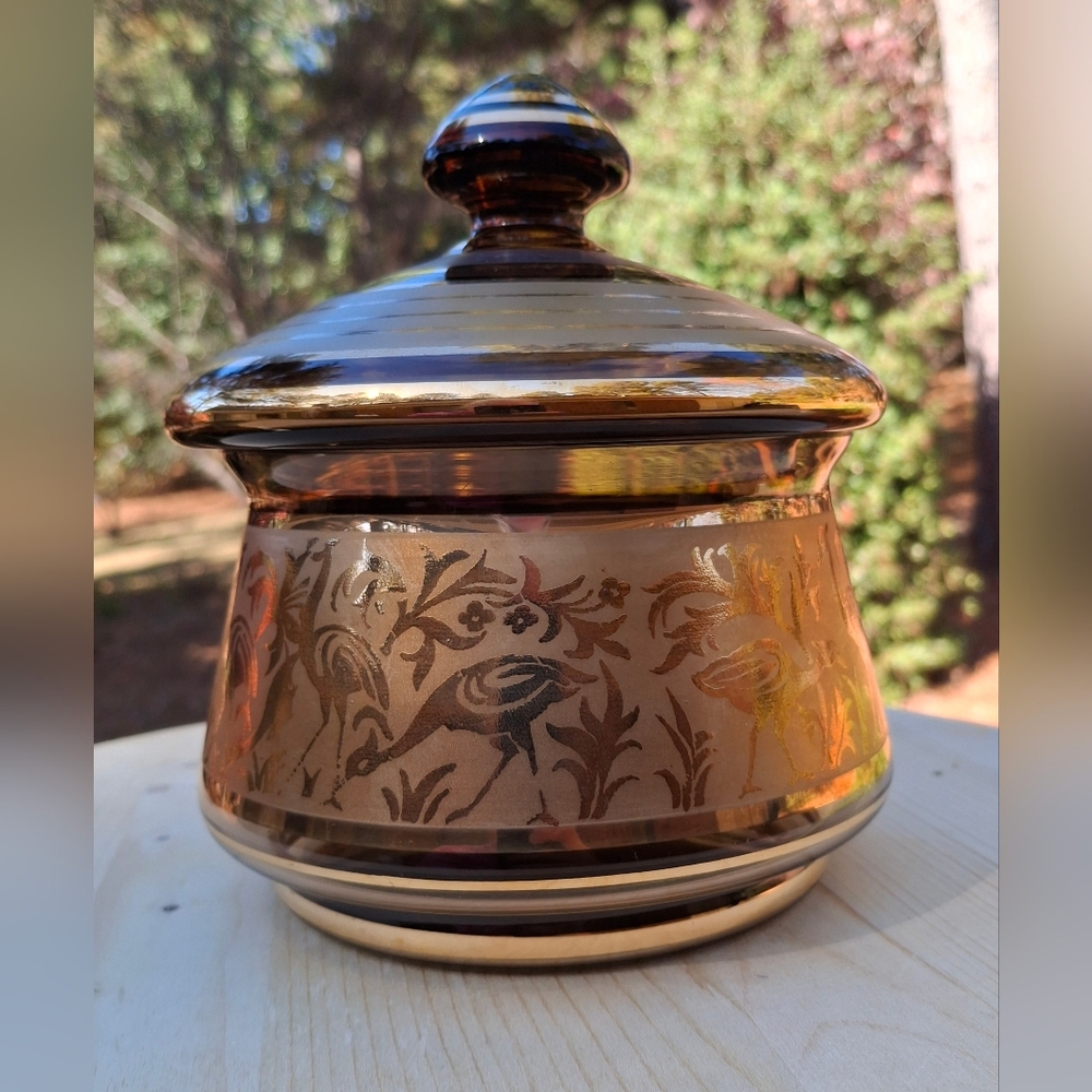 Vintage MCM Czech Bohemian Dark Amber Glass & Gold Cranes Covered Candy Dish - Picture 5 of 14